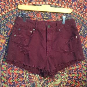 AEO Burgundy Distressed Stretch Shorts